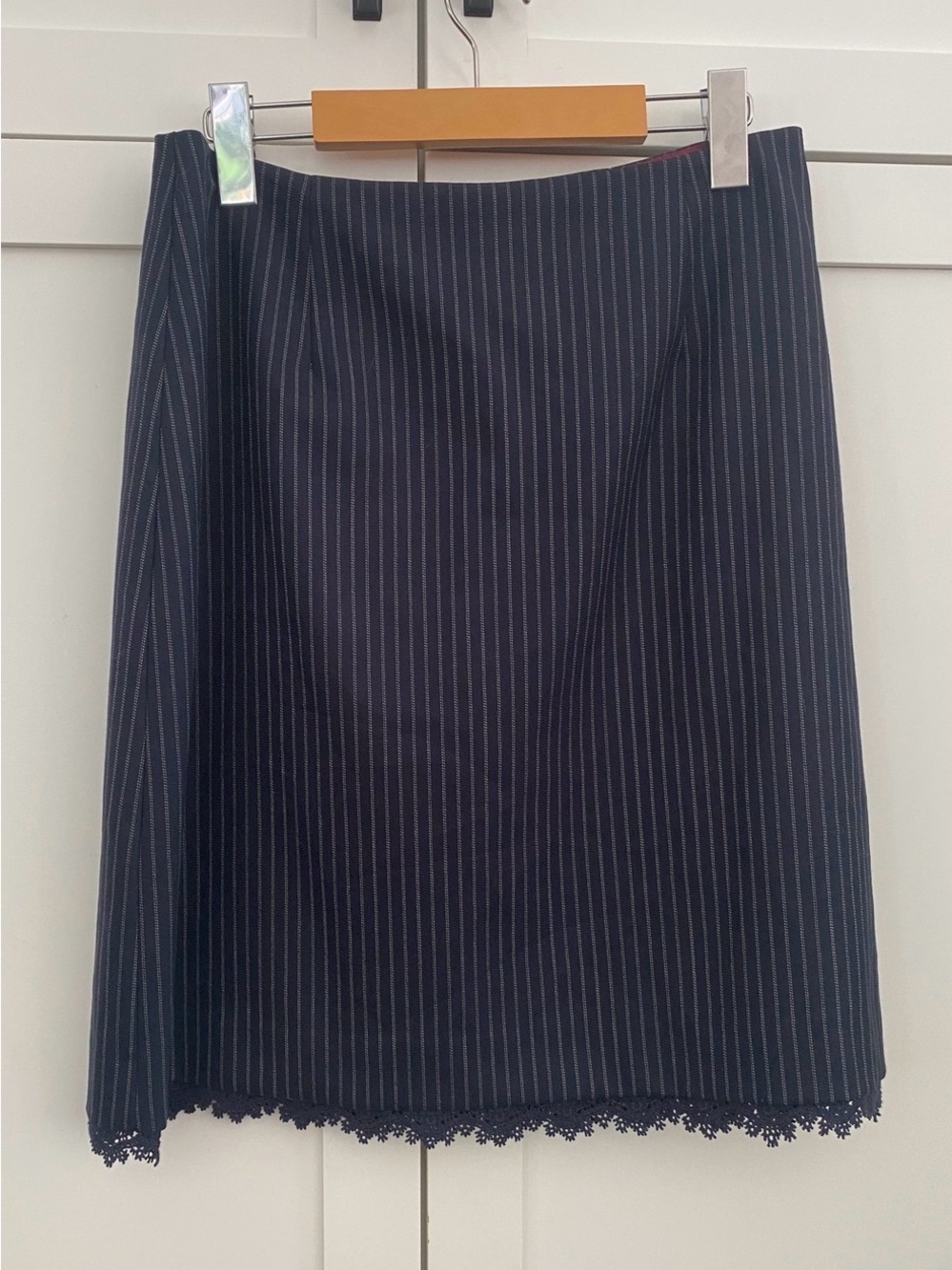 Brooks Brothers Navy Blue Pinstripe Wool Blend Office Pencil Skirt Lace Hem Sz 8